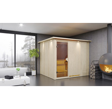 Elementsauna Karibu Gobina inkl. 9 kW Bio Ofen u.ext.Steuerung mit Dachkranz und bronzierter Ganzglastüre