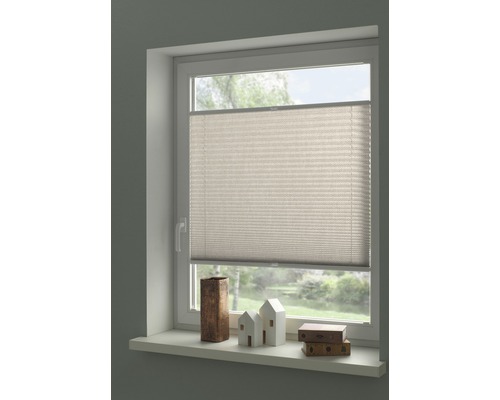 Fenster mit geschlossenem Plissee-Rollo und Dekoration auf der Fensterbank