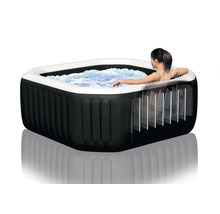 Aufblasbarer Whirlpool Intex Pure Spa Octagon Bubble Jet 128462 für bis zu 6 Personen mit integriertem Kalkschutz- und Salzwassersystem, 6 Hochleistungs-Jetdüsen, Thermo-Bodenschutzplane, Thermoabdeckung, 2 aufblasbare Kopfkissen schwarz