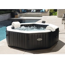 Aufblasbarer Whirlpool Intex Pure Spa Octagon Bubble Jet 128462 für bis zu 6 Personen mit integriertem Kalkschutz- und Salzwassersystem, 6 Hochleistungs-Jetdüsen, Thermo-Bodenschutzplane, Thermoabdeckung, 2 aufblasbare Kopfkissen schwarz