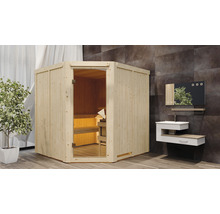 Elementsauna Karibu Jarina inkl. 9 kW Ofen u.integr.Steuerung ohne Dachkranz mit bronzierter Ganzglastüre