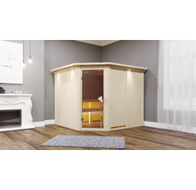 Elementsauna Karibu Malina inkl. 9 kW Bio Ofen u.ext.Steuerung und Dachkranz mit bronzierter Ganzglastüre