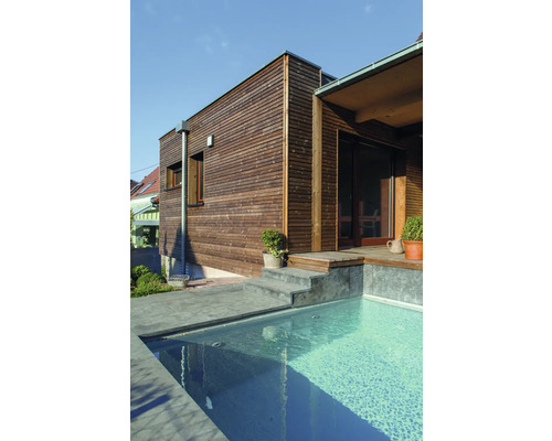 Modernes Holzhaus mit Pool im Garten.