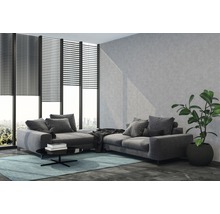 Wohnzimmer mit Ecksofa, Jalousien und Zimmerpflanze