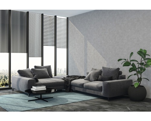 Wohnzimmer mit Ecksofa, Jalousien und Zimmerpflanze