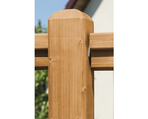 Detailansicht eines Holzzaunpfostens mit abgerundeter Spitze
