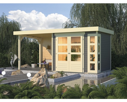 Gartenhaus mit überdachter Terrasse und doppelter Tür im Garten