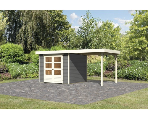 Gartenhaus Karibu Kodiak 3,5 inkl. Anbaudach 2,4 m 462 x 246 cm terragrau