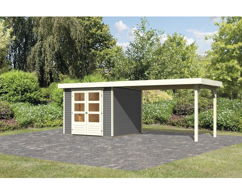 Gartenhaus Karibu Kodiak 3,5 inkl. Anbaudach 2,8 m 500 x 246 cm terragrau