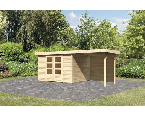 Gartenhaus Karibu Kodiak 5 inkl. Schleppdach 2,4 m und Rückwand 554 x 262 cm natur Gartenhaus mit Doppeltür und überdachter Terrasse im Garten