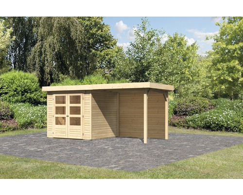 Gartenhaus Karibu Kodiak 2 mit Schleppdach 2,4 m und Rückwand 433 x 217 cm natur