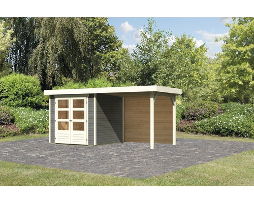 Gartenhaus Karibu Kodiak 2 mit Schleppdach 2,4 m und Rückwand 467 x 238 cm terragrau