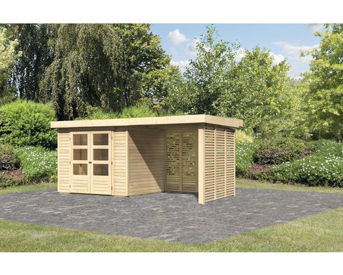 Gartenhaus Karibu Kodiak 3 inkl. Anbaudach 2,4 m, Feuerholzoption 491 x 238 cm natur