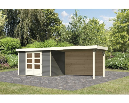 Gartenhaus Karibu Kodiak 4 inkl. Anbaudach 2,8 m, Rückwand 591,5 x 238 cm terragrau