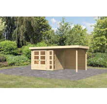 Gartenhaus aus Holz mit Doppeltür und seitlichem Anbau im Garten