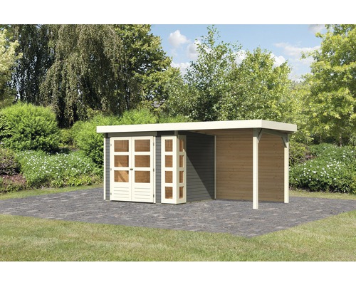 Gartenhaus Karibu Naomi 3 inkl. Anbaudach 2,4 m, Rückwand 491 x 238 cm terragrau Holzgartenhaus mit Doppeltür auf gepflastertem Untergrund