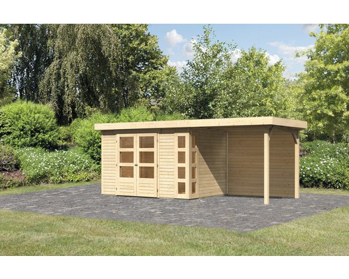 Gartenhaus Karibu Naomi 4 inkl. Anbaudach 2,4 m, Rückwand 554 x 238 cm natur Gartenhaus aus Holz mit Doppeltür und seitlichem Anbau auf Pflastersteinen
