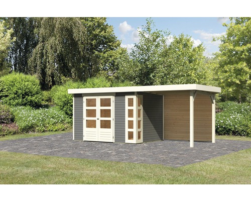 Gartenhaus Karibu Naomi 4 inkl. Anbaudach 2,4 m, Rückwand 554 x 238 cm terragrau Gartenhaus mit Anbau aus Holz im Garten