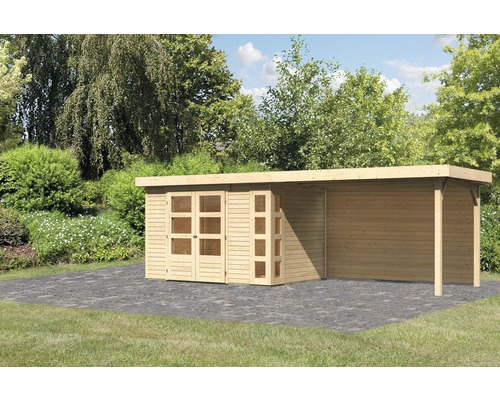 Gartenhaus Karibu Naomi 4 inkl. Anbaudach 2,8 m, Rückwand 591,5 x 238 cm natur Holzgartenhaus mit Doppeltür und Carport im Garten