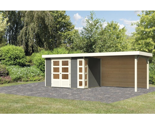 Gartenhaus Karibu Naomi 4 inkl. Anbaudach 2,8 m, Rückwand 591,5 x 238 cm terragrau Holzgartenhaus mit Überdachung im Garten