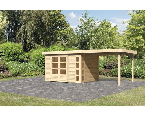 Gartenhaus Karibu Naomi 5 inkl. Anbaudach 2,8 m 591,5 x 262 cm natur Holzgartenhaus mit Überdachung im Garten