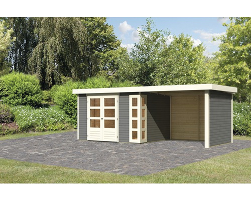 Gartenhaus mit Doppeltür und Anbau im Außenbereich