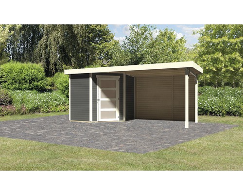 Gartenhaus Karibu Anvik 3 inkl. Anbaudach 2,8 m, Rückwand 504,5 x 238 cm terragrau Holzgartenhaus mit Carport auf Terrasse