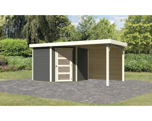 Gartenhaus Karibu Anvik 5 inkl. Anbaudach 2,4 m, Rückwand 493 x 262 cm terragrau Gartenhaus mit Vordach und Tür mit Fenstern