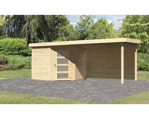 Gartenhaus Karibu Anvik 5 inkl. Anbaudach 2,8 m, Rückwand 503 x 262 cm natur Holzgartenhaus mit Überdachung auf gepflasterter Fläche