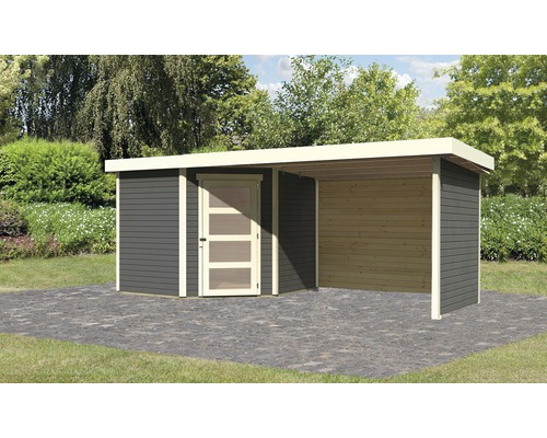 Gartenhaus Karibu Anvik 5 inkl. Anbaudach 2,8 m, Rück- und Seitenwand 503 x 262 cm terragrau