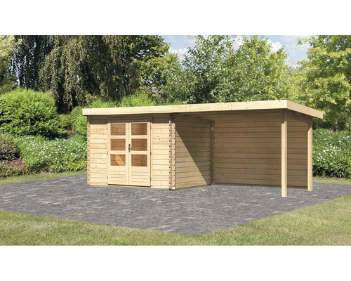 Gartenhaus Karibu Noorvik 3 inkl. Anbaudach 3 m, Rückwand 614 x 273 cm natur Holzgartenhaus mit Vordach