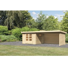 Holzgartenhaus mit Doppeltür und Anbau im Garten