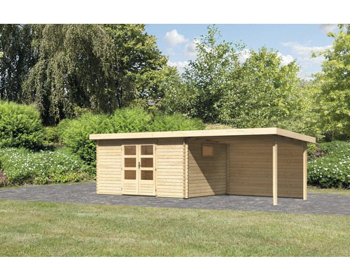 Gartenhaus Karibu Tossens 5 inkl. Anbaudach 3,3 m, Rückwand 706 x 333 cm natur Holzgartenhaus mit Anbau im Garten