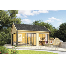 Modernes Gartenhaus mit Schiebetüren und Terrasse im Garten