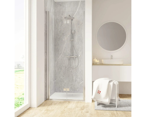 Duschtür in Nische mit Drehfalttür SCHULTE Garant 2.0 ExpressPlus 90 cm Profil chrom Klarglas schmutzabweisende Glasbeschichtung Türanschlag links Puffergriff Modernes Badezimmer mit Dusche, Waschbecken, Spiegel und Hocker mit Handtuch