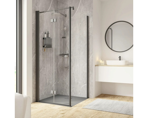 Duschtür mit Seitenwand und Drehfalttür SCHULTE Garant 2.0 ExpressPlus 90 x 90 cm Profil schwarz Klarglas schmutzabweisende Glasbeschichtung Türanschlag links Seitenwandanschlag rechts Puffergriff Badezimmer mit Duschkabine, Waschbecken und Spiegel