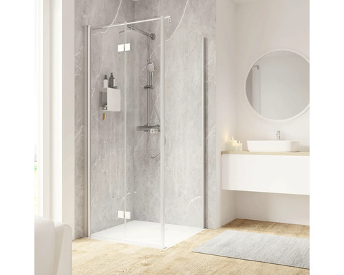Duschtür mit Seitenwand und Drehfalttür SCHULTE Garant 2.0 ExpressPlus 90 x 90 cm Profil aluminium Klarglas schmutzabweisende Glasbeschichtung Türanschlag links Seitenwandanschlag rechts Puffergriff Modernes Badezimmer mit Duschkabine, Waschtisch und Spiegel