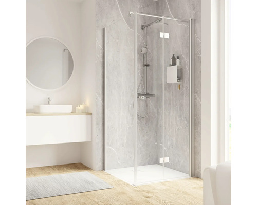 Duschtür mit Seitenwand und Drehfalttür SCHULTE Garant 2.0 ExpressPlus 90 x 90 cm Profil aluminium Klarglas schmutzabweisende Glasbeschichtung Türanschlag rechts Puffergriff Badezimmer mit Duschkabine, Waschtisch und Spiegel