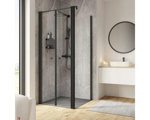 Duschtür mit Seitenwand und Pendeltür SCHULTE Garant 2.0 ExpressPlus 90 x 90 cm Profil schwarz Klarglas schmutzabweisende Glasbeschichtung Türanschlag links Seitenwandanschlag rechts Badezimmer mit Duschkabine, Waschtisch und Spiegel