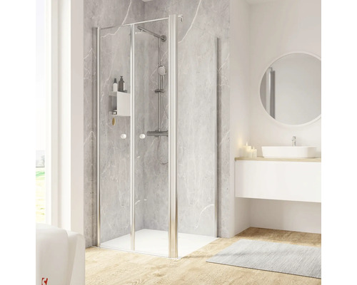 Duschtür mit Seitenwand und Pendeltür SCHULTE Garant 2.0 ExpressPlus 90 x 90 cm Profil chrom Klarglas schmutzabweisende Glasbeschichtung Türanschlag links Seitenwandanschlag rechts Modernes Badezimmer mit Duschkabine, Waschbecken und Spiegel
