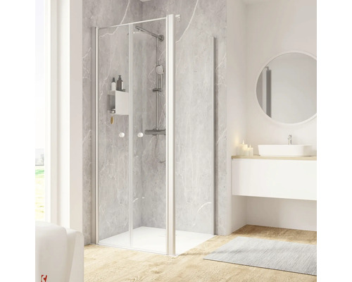 Duschtür mit Seitenwand und Pendeltür SCHULTE Garant 2.0 ExpressPlus 90 x 90 cm Profil aluminium Klarglas schmutzabweisende Glasbeschichtung Türanschlag links Seitenwandanschlag rechts Duschkabine mit Falttür im Badezimmer