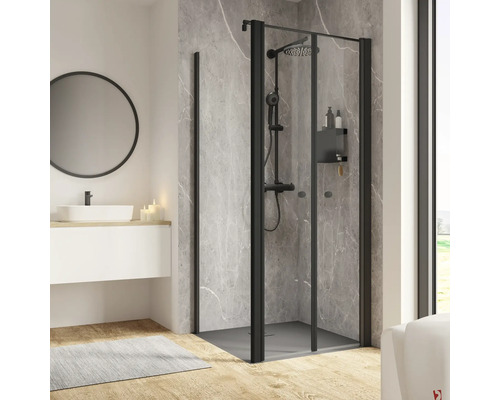 Duschtür mit Seitenwand und Pendeltür SCHULTE Garant 2.0 ExpressPlus 90 x 90 cm Profil schwarz Klarglas schmutzabweisende Glasbeschichtung Türanschlag rechts Seitenwandanschlag links Badezimmer mit Duschkabine mit schwarzem Rahmen, Waschbecken und Spiegel