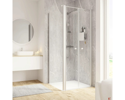 Duschtür mit Seitenwand und Pendeltür SCHULTE Garant 2.0 ExpressPlus 90 x 90 cm Profil aluminium Klarglas schmutzabweisende Glasbeschichtung Türanschlag rechts Seitenwandanschlag links Badezimmer mit Duschkabine, Waschbecken und Spiegel