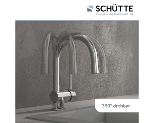 Schuette Logo. Chromfarbener Wasserhahn mit 360 Grad Drehfunktion.