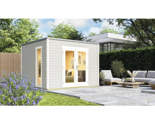 Gartenhaus weka P 1 inkl. Fußboden 300 x 302,5 cm hellgrau Gartenhaus mit Doppeltür und Fenster in einem hellen Garten