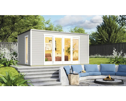 Gartenhaus weka P 2 inkl. Fußboden 450 x 302,5 cm hellgrau Gartenhaus mit Glastüren und Sitzbereich im Freien