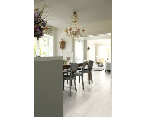 Esszimmer mit Esstisch, Stühlen und hellem Holzboden.