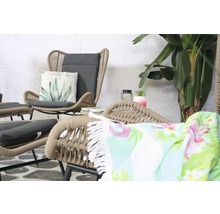Szene mit Loungemöbeln aus Rattan und einer Zimmerpflanze im Hintergrund.