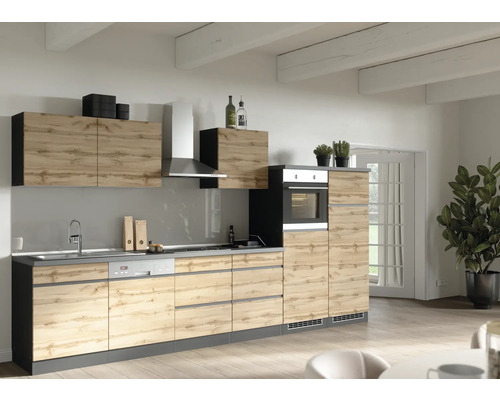 Moderne Küche mit Holzoptik und integrierten Geräten