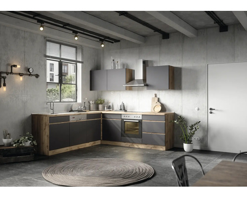 Helle Küche im Loftstil mit grauen Schränken und Arbeitsplatten in Holzoptik